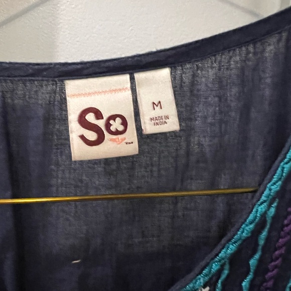 SO Brand Cinched Waist Navy Peasant Top with Embroidered Detail - Picture 3 of 3